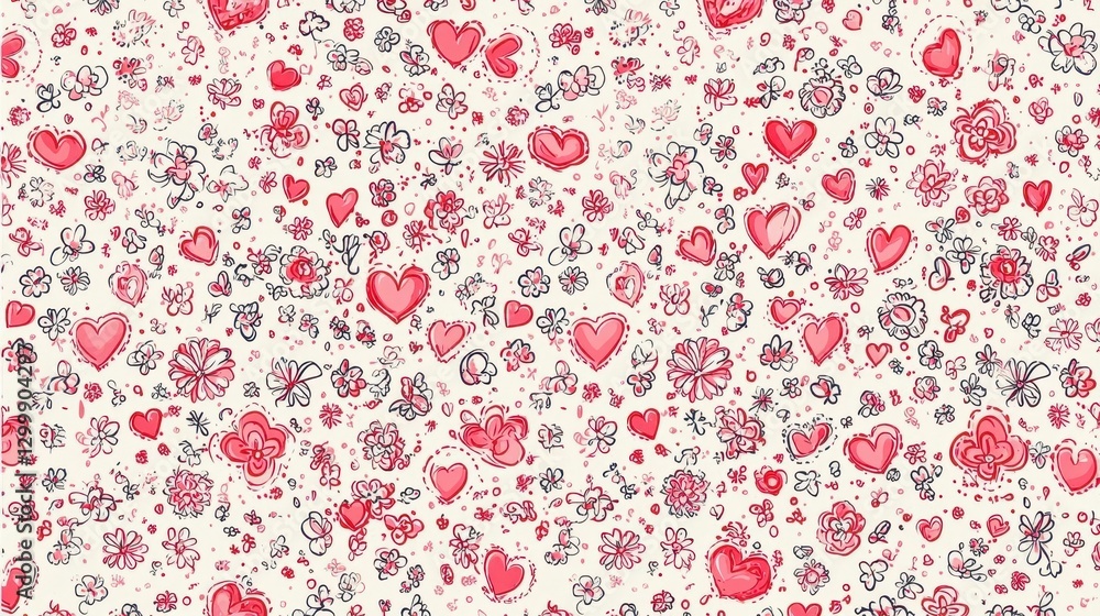 Poster seam of hearts and flowers pattern on a white background for textile or paper design