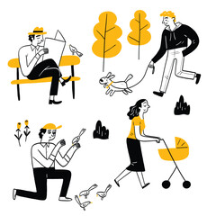People going about their daily lives or doing different activities in the park. Hand drawing vector illustration.