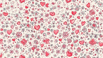 Seam of hearts and flowers pattern on a white background for textile or paper design