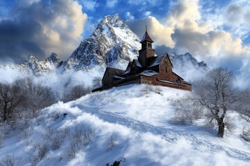 A gothic-style avalanche burying an abandoned village, with eerie mist swirling above the snow