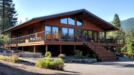 Fototapeta premium Wooden House With Large Windows and Deck Surrounded by Lush Green Trees