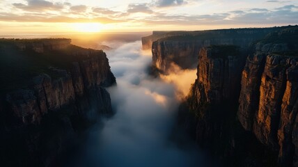 Aerial view of a misty canyon at sunrise, deep crevices carved by ancient rivers, warm golden light illuminating the rocky walls