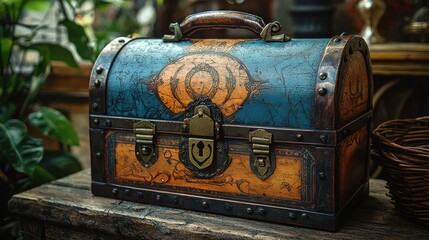 Vintage treasure chest with intricate designs on a rustic wooden table surrounded by greenery