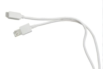 Coiled white USB cable with silver connector, thin and flexible, rectangular shape with center hole, isolated on plain white background.