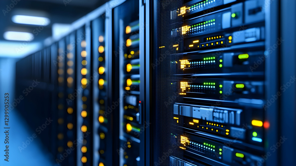 Aufkleber rows of illuminated server racks in a modern data center with blue and yellow lights