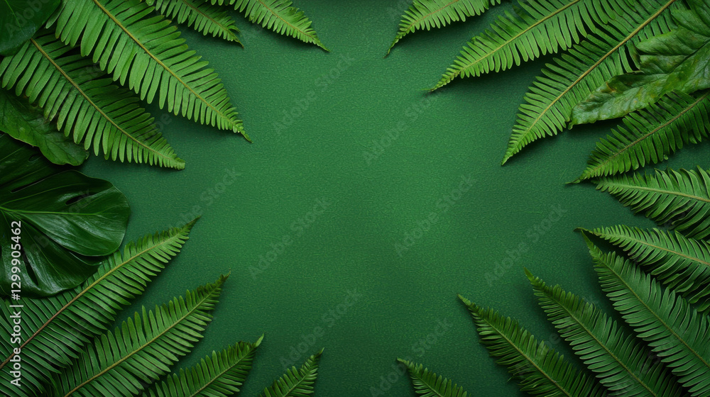 Poster green ferns arranged on a textured surface creating a natural frame.