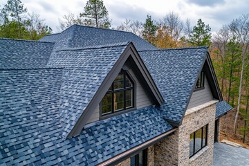 Blue asphalt shingle roof on a luxury home. Ideal for real estate, construction, and home improvement projects.