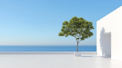 Fototapeta premium Tranquil tree in minimalist white room with breathtaking ocean view serene