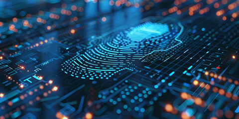 Digital fingerprint scan on futuristic circuit board | Cybersecurity and biometric authentication technology