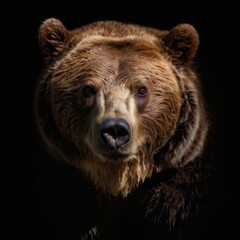 Brown bear closeup portrait with shiny fur facing right, eyes alert, against dark background with soft natural lighting.