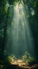 Fototapeta premium Dreamy Forest with Soft Light Filtering Through Lush Trees for Meditation Apps