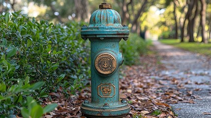 Vintage fire hydrant surrounded by lush greenery and fallen leaves in a serene park setting