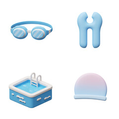 Fototapeta premium Swimming pool elements goggles float and cap against white background