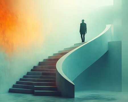 A figure ascends a surreal, floating staircase.