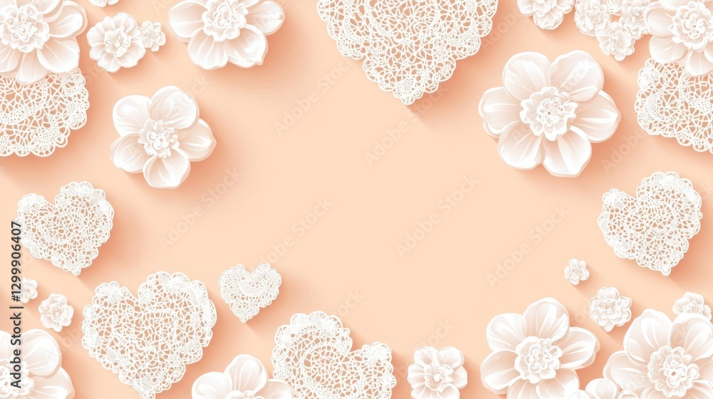 Poster white flowers arranged on a soft peach colored background for a natural and delicate look