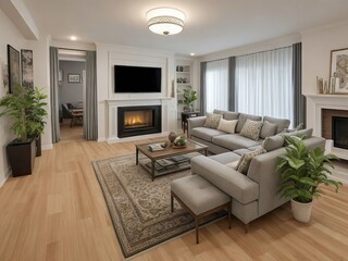 A living room with a fireplace, a couch, and a television