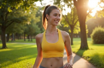 Fototapeta premium Radiant woman enjoying a refreshing morning run in a sunlit park setting
