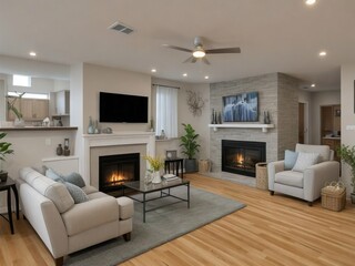 A living room with a fireplace and a television