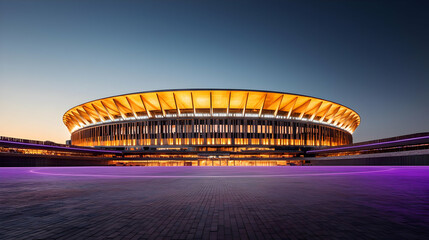 Modern Stadium Architecture Illuminated At Night Against A Blue And Golden Sky