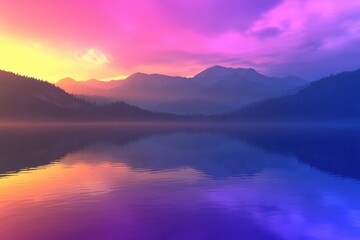 Obraz premium Serene mountain scenery at sunset featuring vibrant hues and soft reflections on a peaceful lake ideal for relaxation and meditation enthusiasts