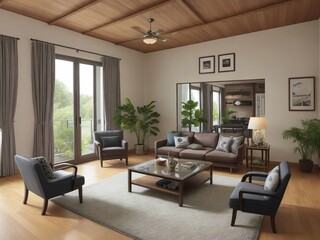 A living room with a large mirror and a fan