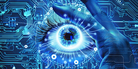 Futuristic digital eye with circuit board elements | Cybersecurity and artificial intelligence vision concept
