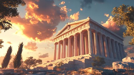 Obraz premium Sunset over Greek temple, olive trees, history