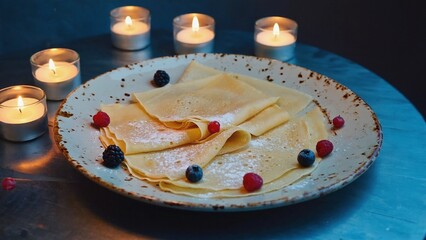 A Plate of Pancakes with Beautiful Candles Lit Nearby