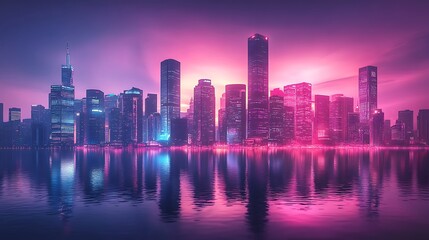 Fototapeta premium Modern cityscape skyline reflecting in calm water under a colorful sky