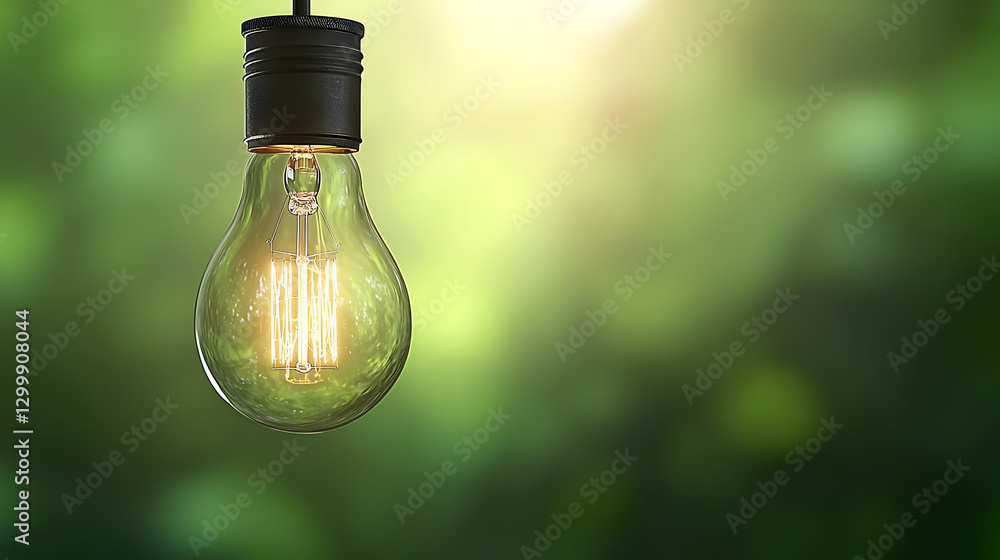 Poster illuminated lightbulb with green tones and bokeh background representing energy and ideas