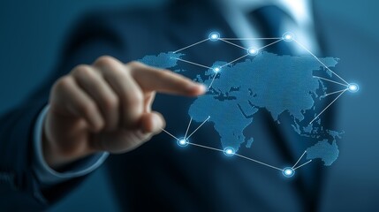 Global business strategy, man in suit points to world map, indicating international market expansion and investment opportunities