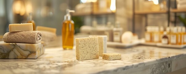Elegant spa display, soaps, body lotions on bathroom counter, luxury terior blurred background, bright daylight,