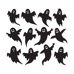 Fototapeta premium Ghost Halloween horror silhouettes set, large pack of vector silhouette design, isolated white background