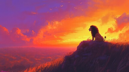Majestic lion sunset savanna landscape, peaceful scene