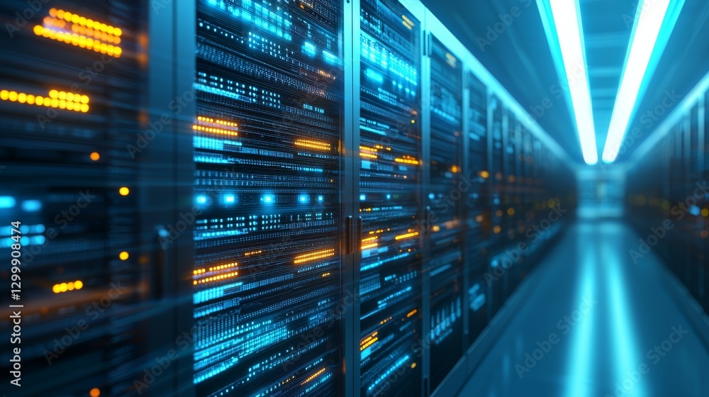 Poster exploring the data center, a comprehensive view of server room hallways and network infrastructure
