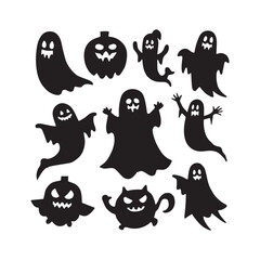 Ghost Halloween horror silhouettes set, large pack of vector silhouette design, isolated white background