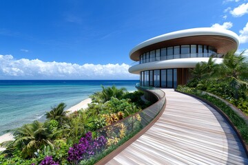 A high-quality 3D-rendered peninsula with lush landscapes and modern architecture