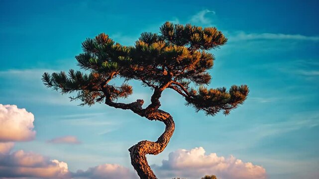 Unique twisted pine tree against a vibrant blue sky with fluffy clouds during late afternoon