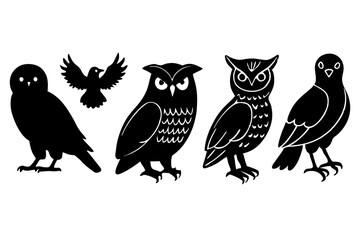 set of Owl Crow Silhouette vector illustration