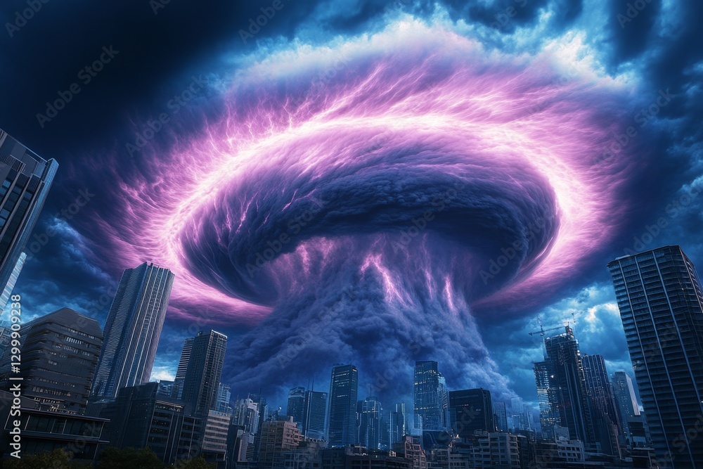 Poster A high-tech cyberpunk defense system using force fields to stop a glowing neon-colored avalanche from destroying a futuristic city