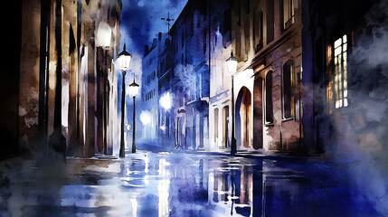 Fototapeta premium A painting of a city street at night with a foggy atmosphere. generated using AI
