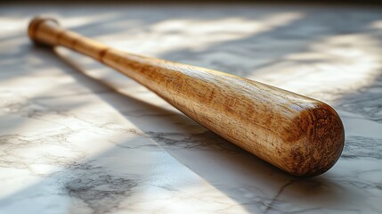 A close-up view of a wooden baseball bat resting on a marble surface with soft lighting