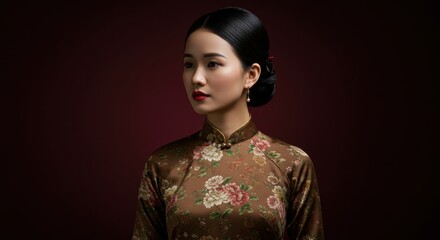 Elegant vietnamese woman in traditional attire poses gracefully against a rich, dark background, highlighting beauty