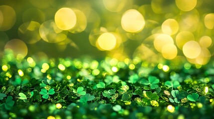 Obraz premium A festive St. Patrick's Day scene featuring shamrock leaves scattered amongst sparkling gold glitter, with a blurred background of green and gold bokeh lights.