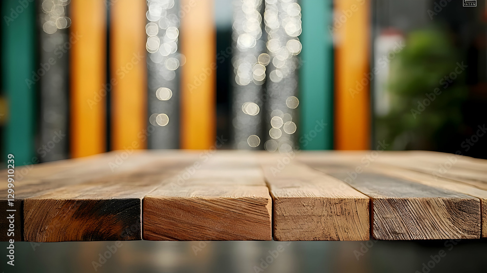 Poster detailed close up of wooden table surface with bokeh effect and blurred background