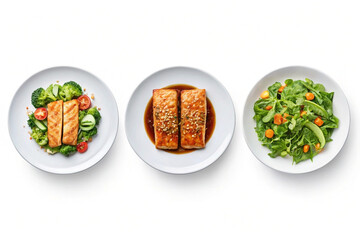 Three healthy meal plates grilled salmon with vegetables, teriyaki salmon, and green salad.