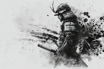 Fototapeta premium Samurai Warrior: Monochrome Ink Art, Powerful and Ethereal