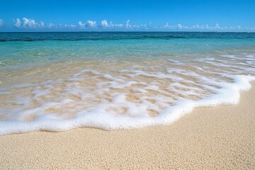 A hyper-detailed close-up of waves washing onto the sandy shore of an untouched tropical island