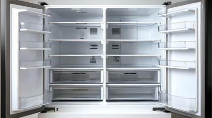 Empty Modern Refrigerator Interior with Opened Doors and Organized White Shelves
