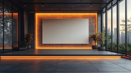 A large blank wall inside an empty modern office with a flat white screen on the front, a simple stage with warm lighting in front of it and windows behind it, 